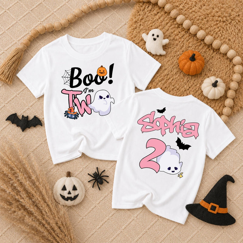 Custom Boo I'm Two Pink Toddler Shirt with Ghost & Pumpkin, Soft Cotton Halloween Birthday Outfit for Girls, Personalized Name Tee