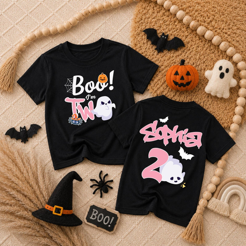Custom Boo I'm Two Pink Toddler Shirt with Ghost & Pumpkin, Soft Cotton Halloween Birthday Outfit for Girls, Personalized Name Tee