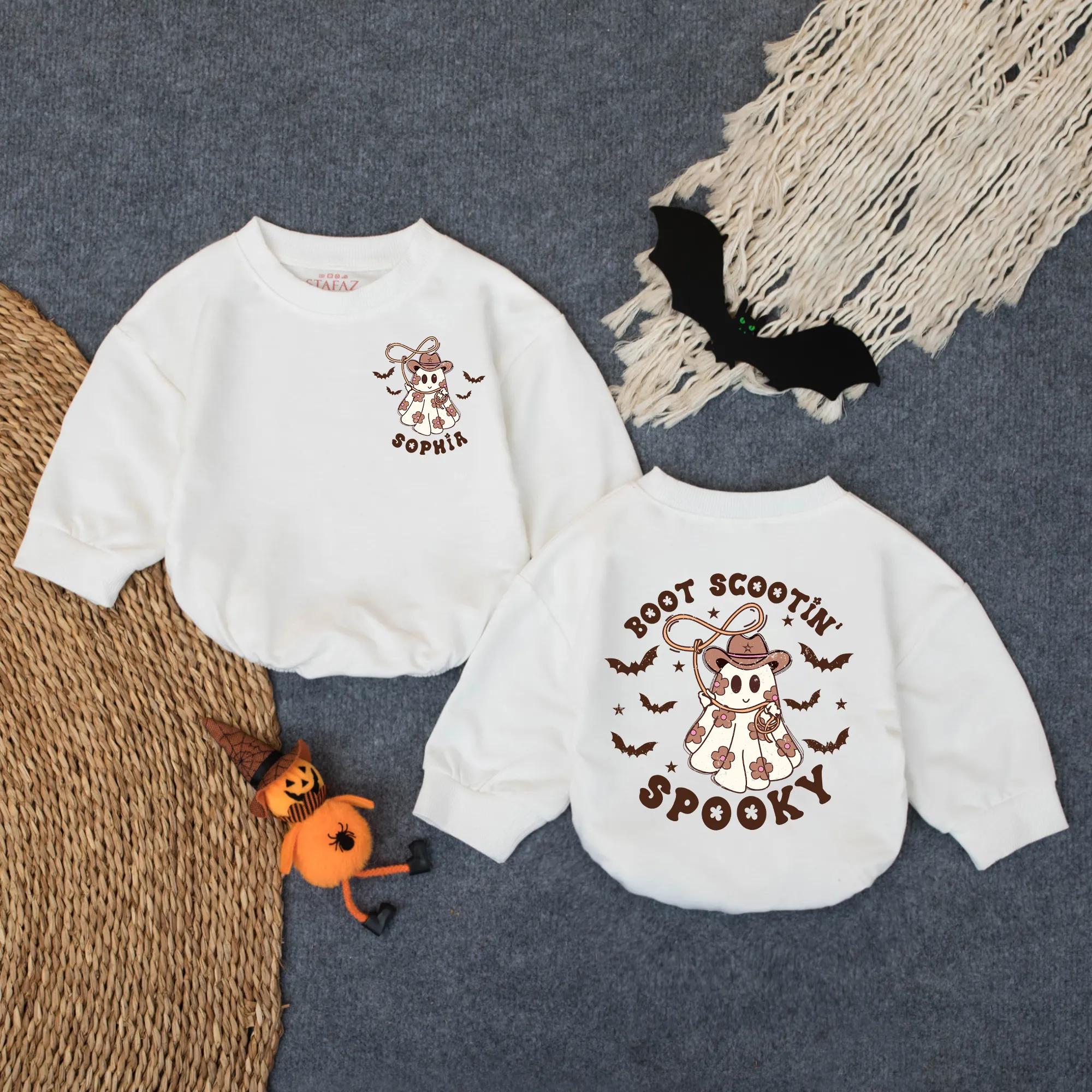 Custom Boot Scootin' Spooky Romper Ghost Cowboy Design Baby Halloween Outfit Soft Cotton Toddler Western Costume Pink Brown Stars