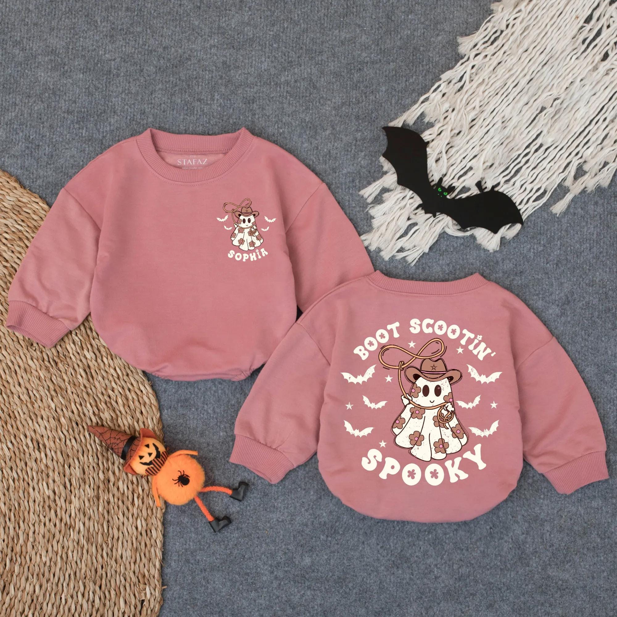 Custom Boot Scootin' Spooky Romper Ghost Cowboy Design Baby Halloween Outfit Soft Cotton Toddler Western Costume Pink Brown Stars