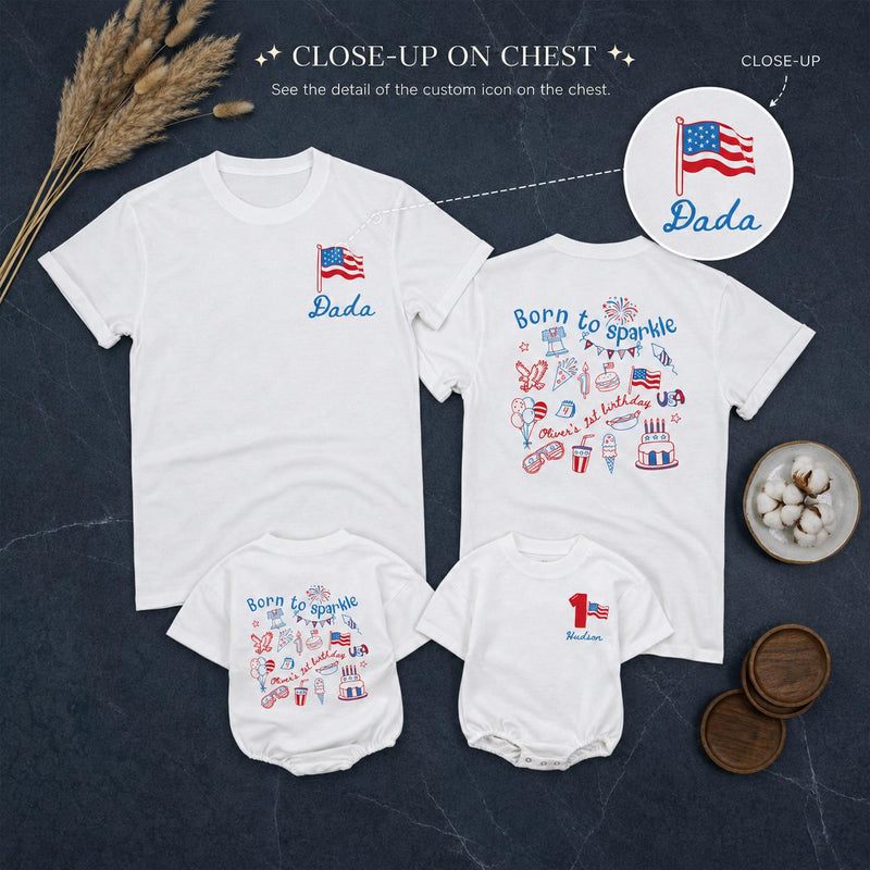 Custom Born to Sparkle 4th of July Matching Family Shirts, Patriotic 1st Birthday Baby Romper and Tee Set, Red White Blue Cotton Outfit