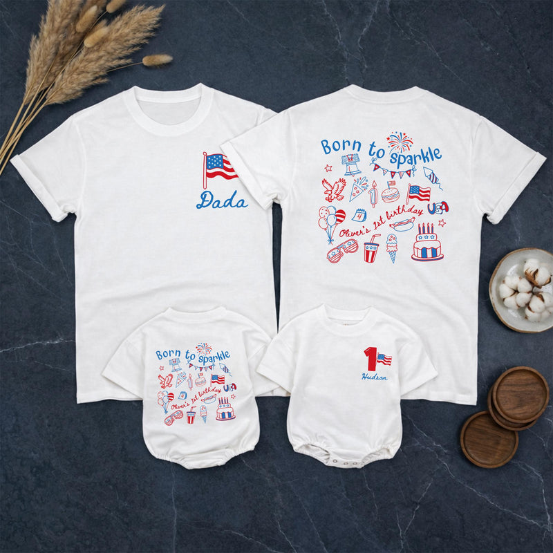 Custom Born to Sparkle 4th of July Matching Family Shirts, Patriotic 1st Birthday Baby Romper and Tee Set, Red White Blue Cotton Outfit
