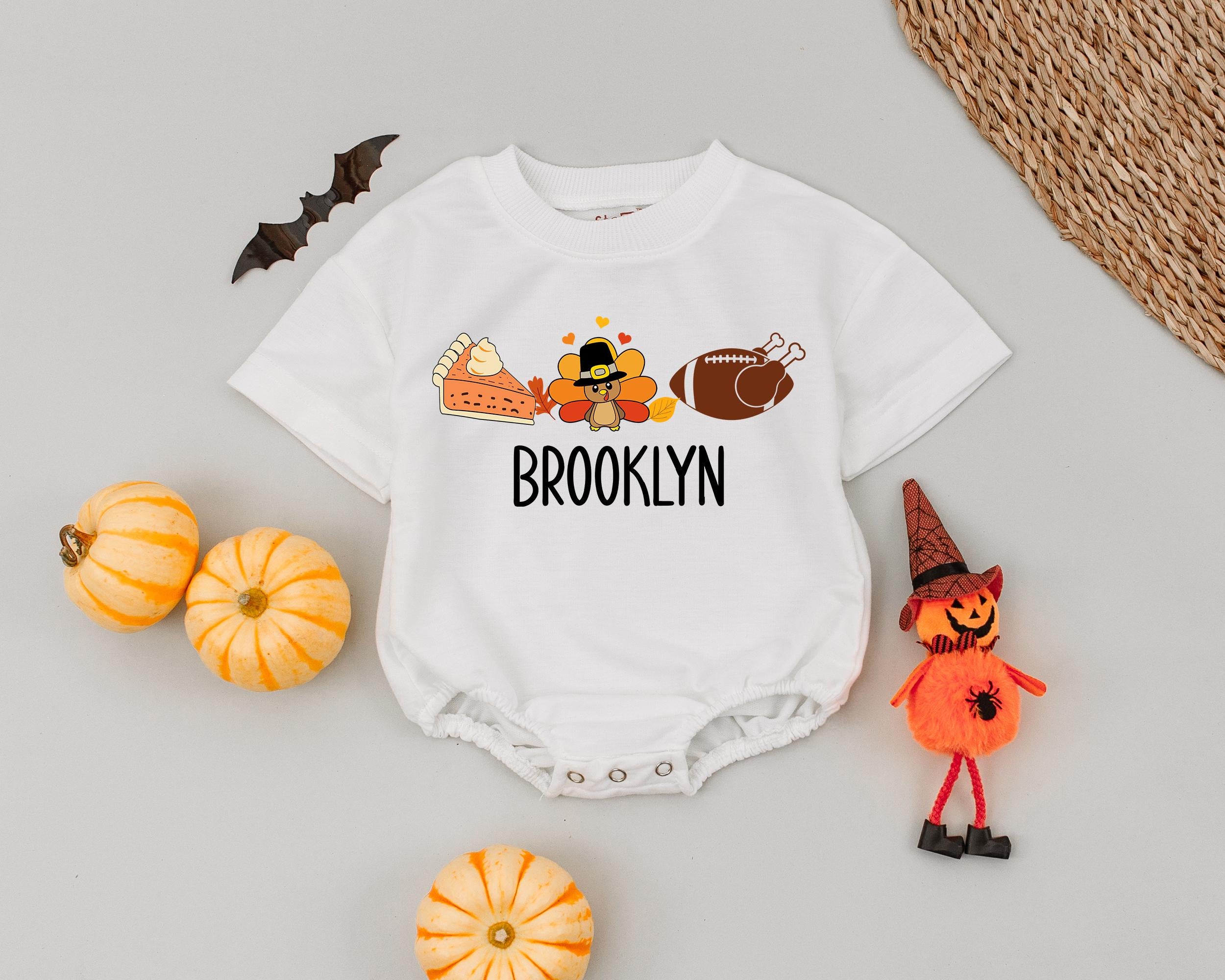 Custom Brooklyn Baby Romper Thanksgiving Outfit Cartoon Turkey Fall Design Infant Boys Girls Pumpkin Pie Soft Retro Holiday Wear