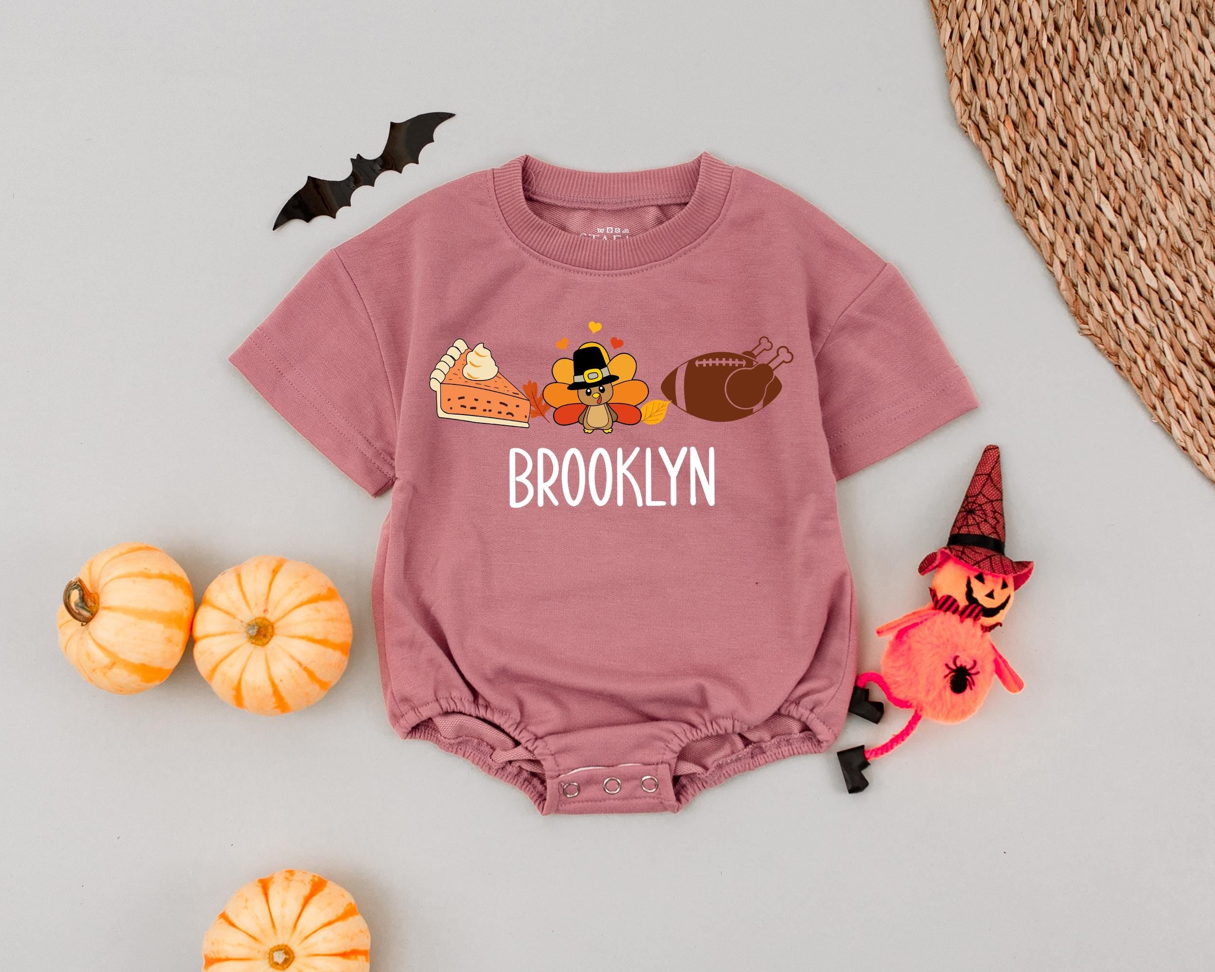 Custom Brooklyn Baby Romper Thanksgiving Outfit Cartoon Turkey Fall Design Infant Boys Girls Pumpkin Pie Soft Retro Holiday Wear