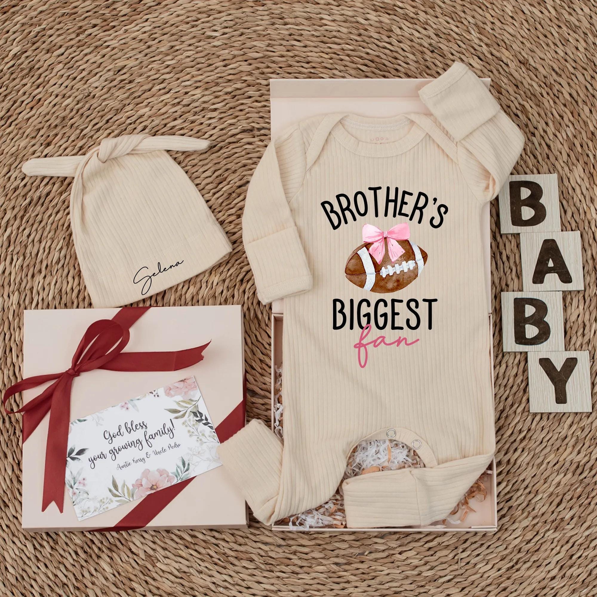 Custom Brother's Biggest Fan Baby Bodysuit Football Theme Newborn Outfit Personalized Gift for Little Sister Cotton Soft and Comfortable