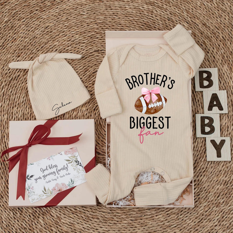 Custom Brother's Biggest Fan Baby Bodysuit Football Theme Newborn Outfit Personalized Gift for Little Sister Cotton Soft and Comfortable