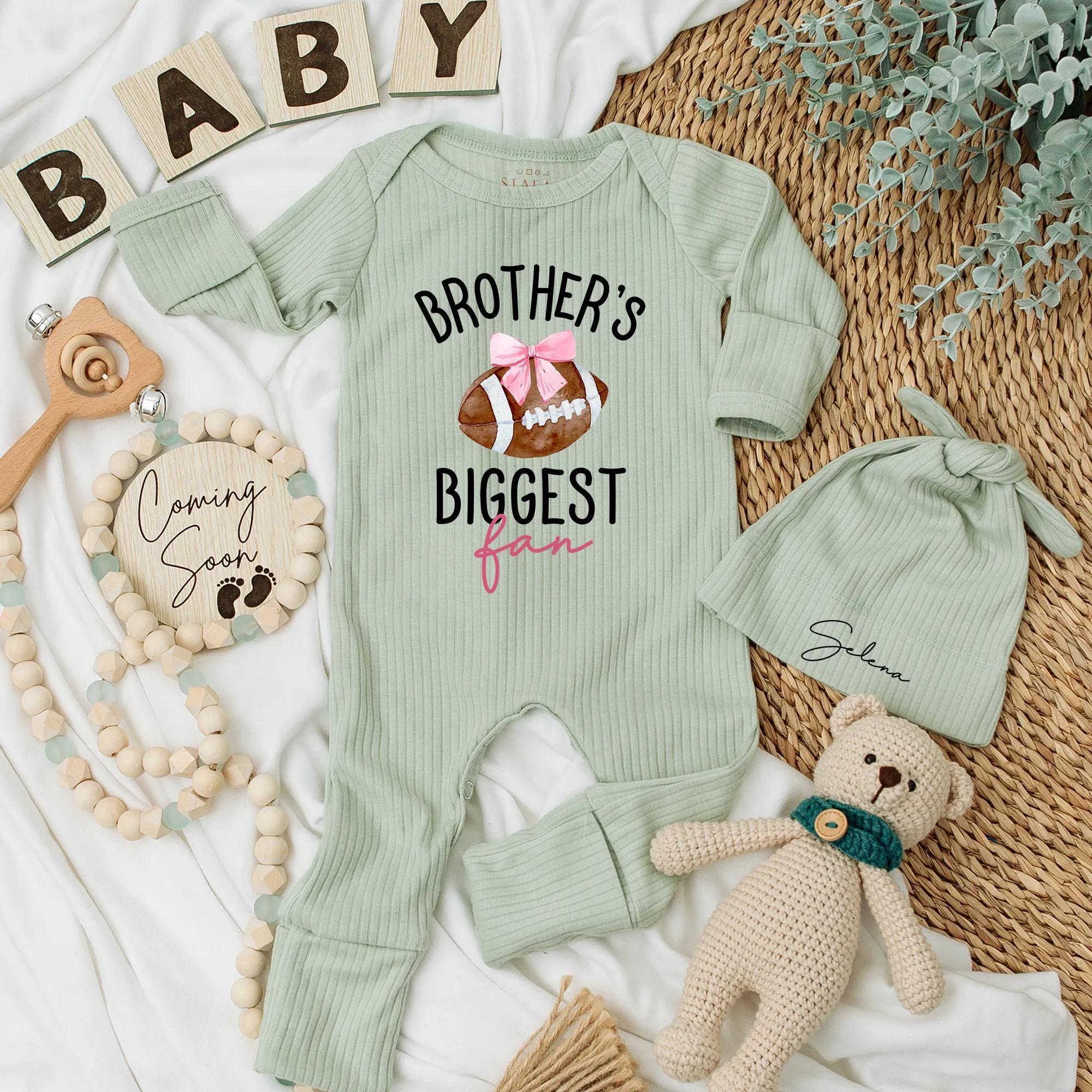 Custom Brother's Biggest Fan Baby Bodysuit Football Theme Newborn Outfit Personalized Gift for Little Sister Cotton Soft and Comfortable