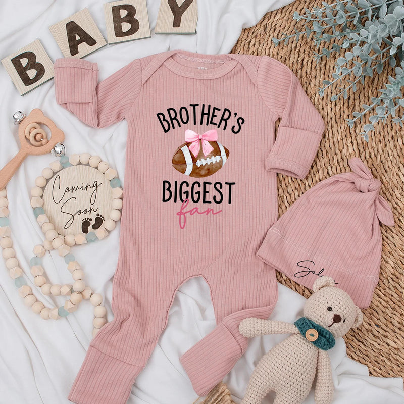 Custom Brother's Biggest Fan Baby Bodysuit Football Theme Newborn Outfit Personalized Gift for Little Sister Cotton Soft and Comfortable