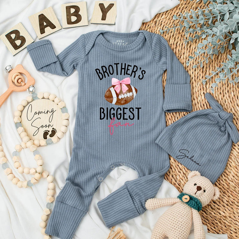Custom Brother's Biggest Fan Baby Bodysuit Football Theme Newborn Outfit Personalized Gift for Little Sister Cotton Soft and Comfortable