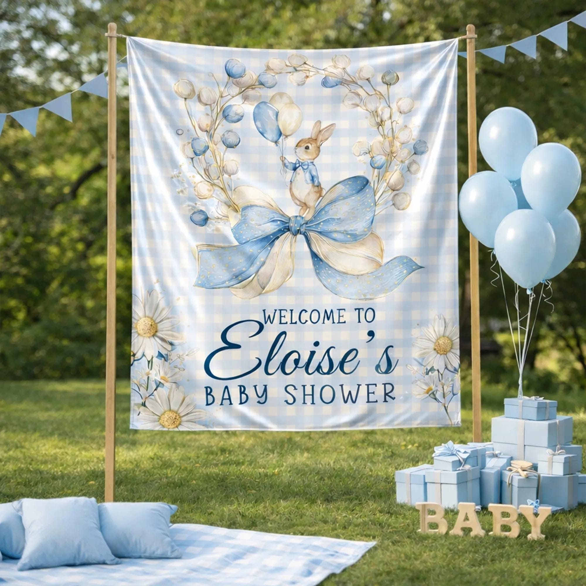 Custom Bunny Baby Shower Welcome Sign with Blue Gingham Design, Personalized Boy Baby Shower Decor Featuring Bunny and Balloons