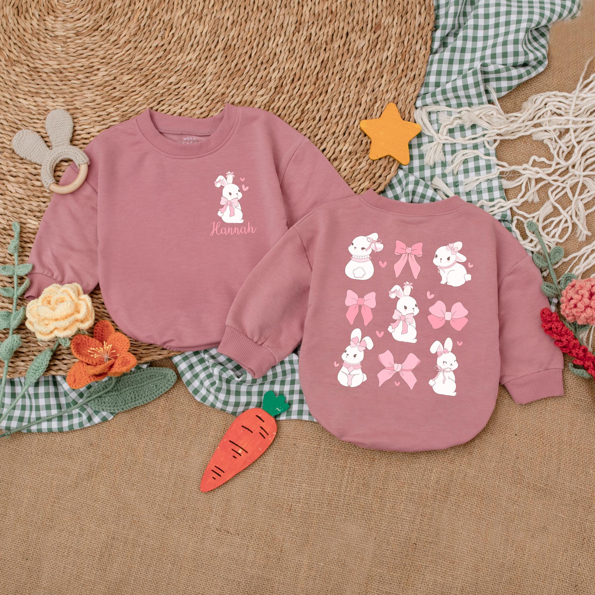 Custom Bunny Bow Baby Girl Romper Easter Outfit Soft Pink White Kamiah Design Infant Holiday Gift First Easter Bubble Bodysuit