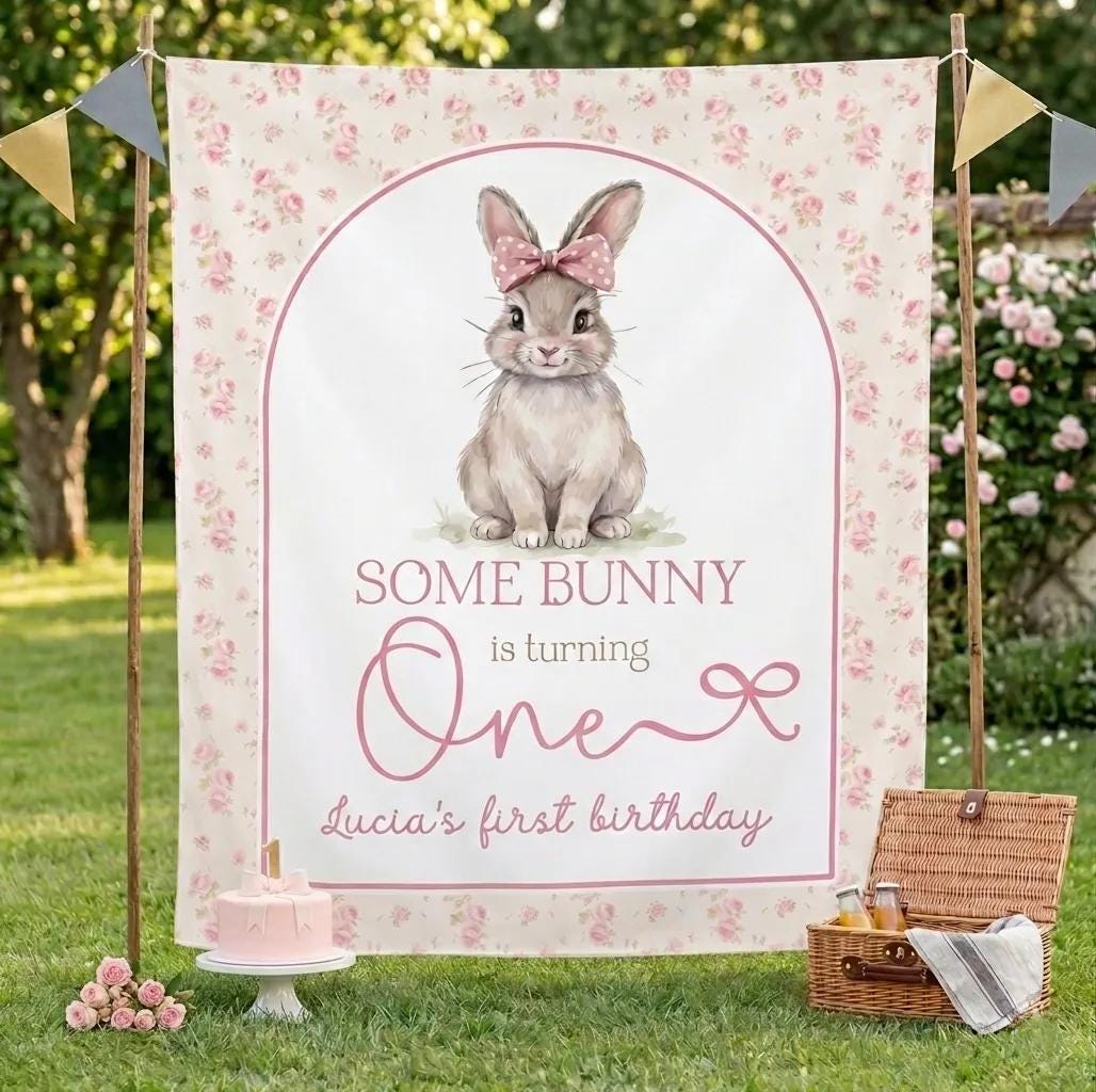 Custom Bunny First Birthday Banner with Watercolor Bunny Design Soft Vintage Pink Rose Party Decor Personalized Name Celebration Gift