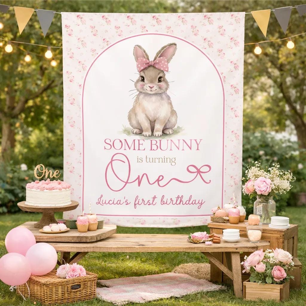 Custom Bunny First Birthday Banner with Watercolor Bunny Design Soft Vintage Pink Rose Party Decor Personalized Name Celebration Gift