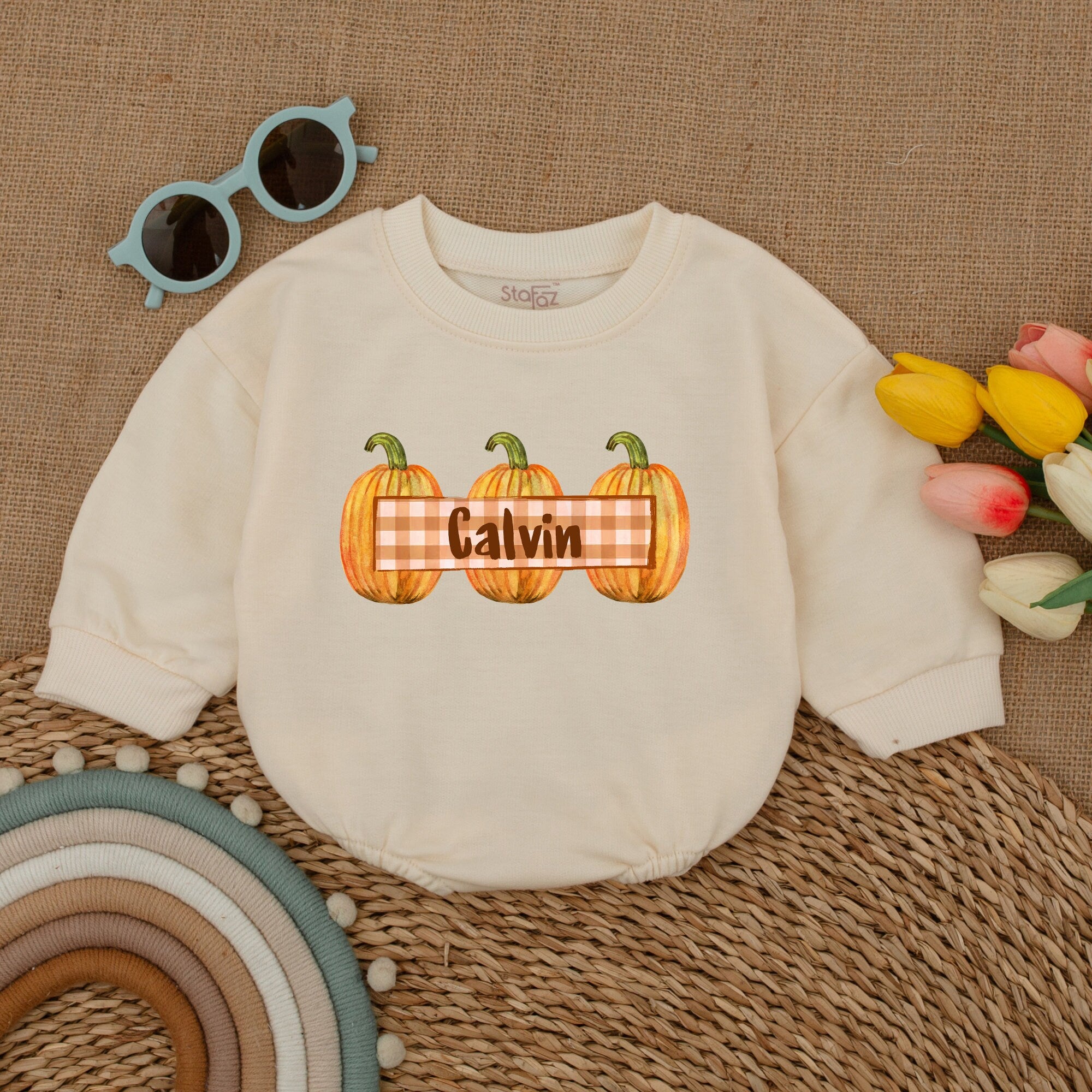Custom Calvin Pumpkin Romper Personalized Fall Baby Bodysuit Thanksgiving Outfit Soft Cotton Infant Clothes for Holiday Celebrations