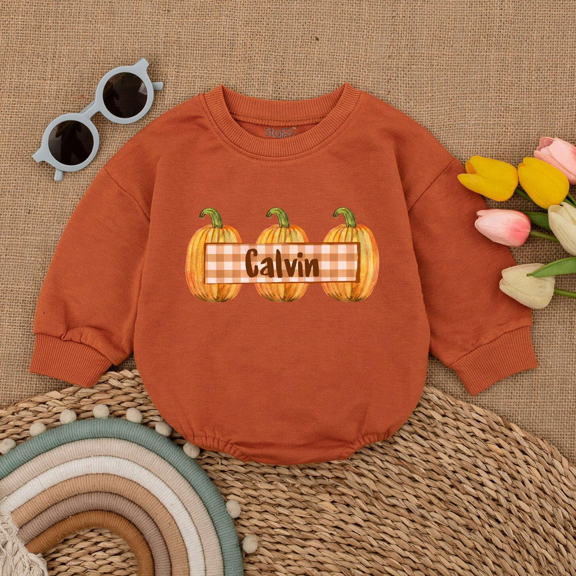 Custom Calvin Pumpkin Romper Personalized Fall Baby Bodysuit Thanksgiving Outfit Soft Cotton Infant Clothes for Holiday Celebrations