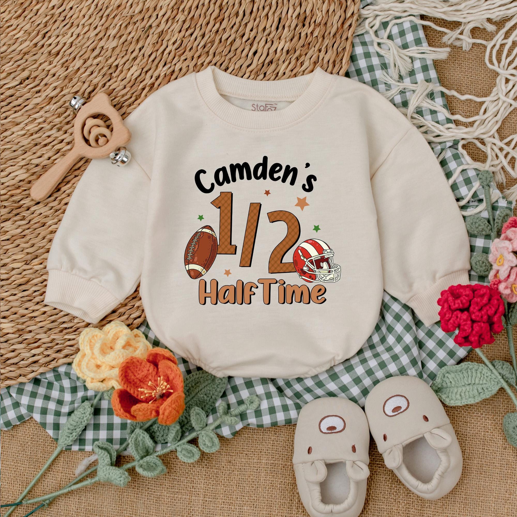 Custom Camden's Half Time Football Romper for Baby Boys Vibrant 1/2 Birthday Outfit Playful Design Soft Comfortable Half Birthday Gift