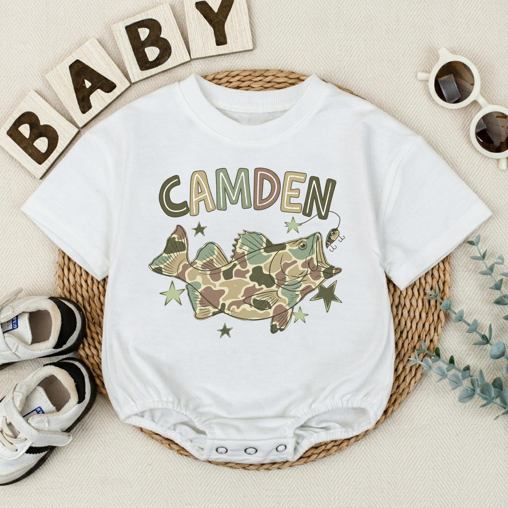 Custom Camo Bass Fish Baby Romper with Name, Fishing Theme Coming Home Outfit, Soft Cotton Baby Boy Clothes, Matching Family Apparel