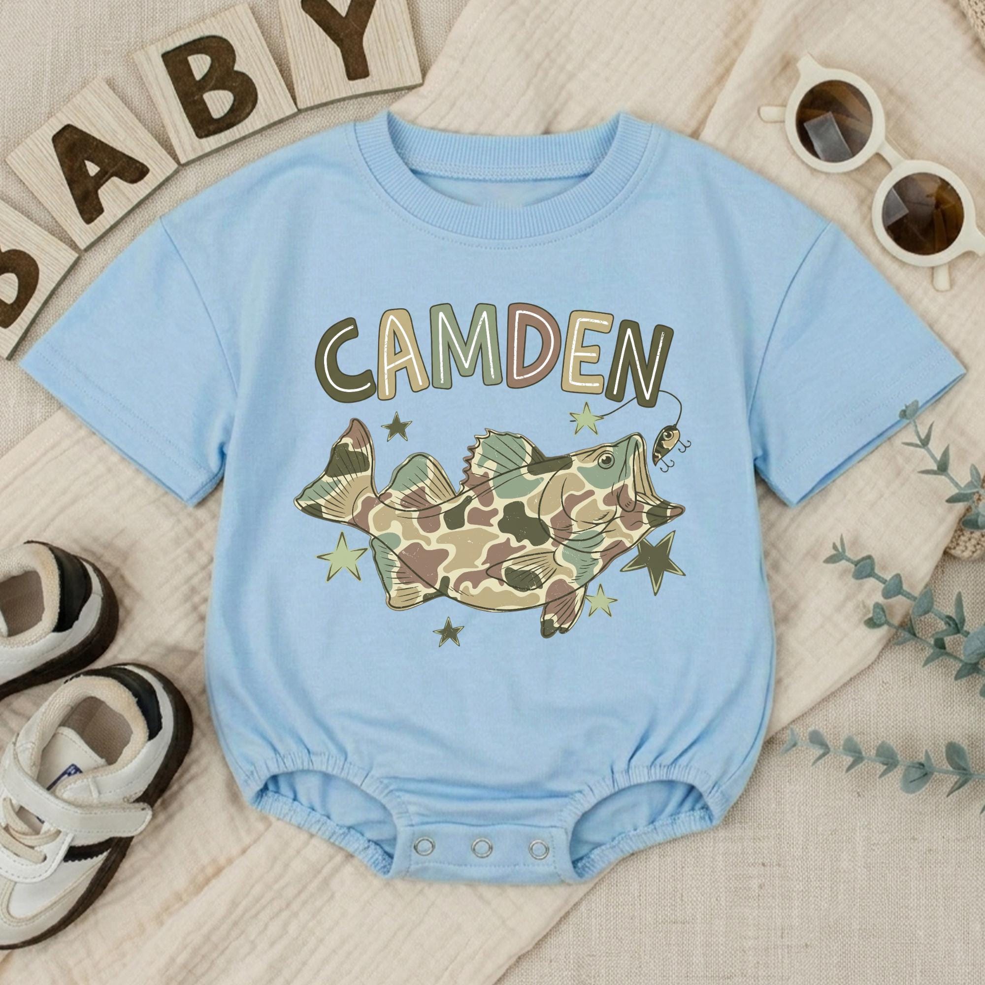Custom Camo Bass Fish Baby Romper with Name, Fishing Theme Coming Home Outfit, Soft Cotton Baby Boy Clothes, Matching Family Apparel