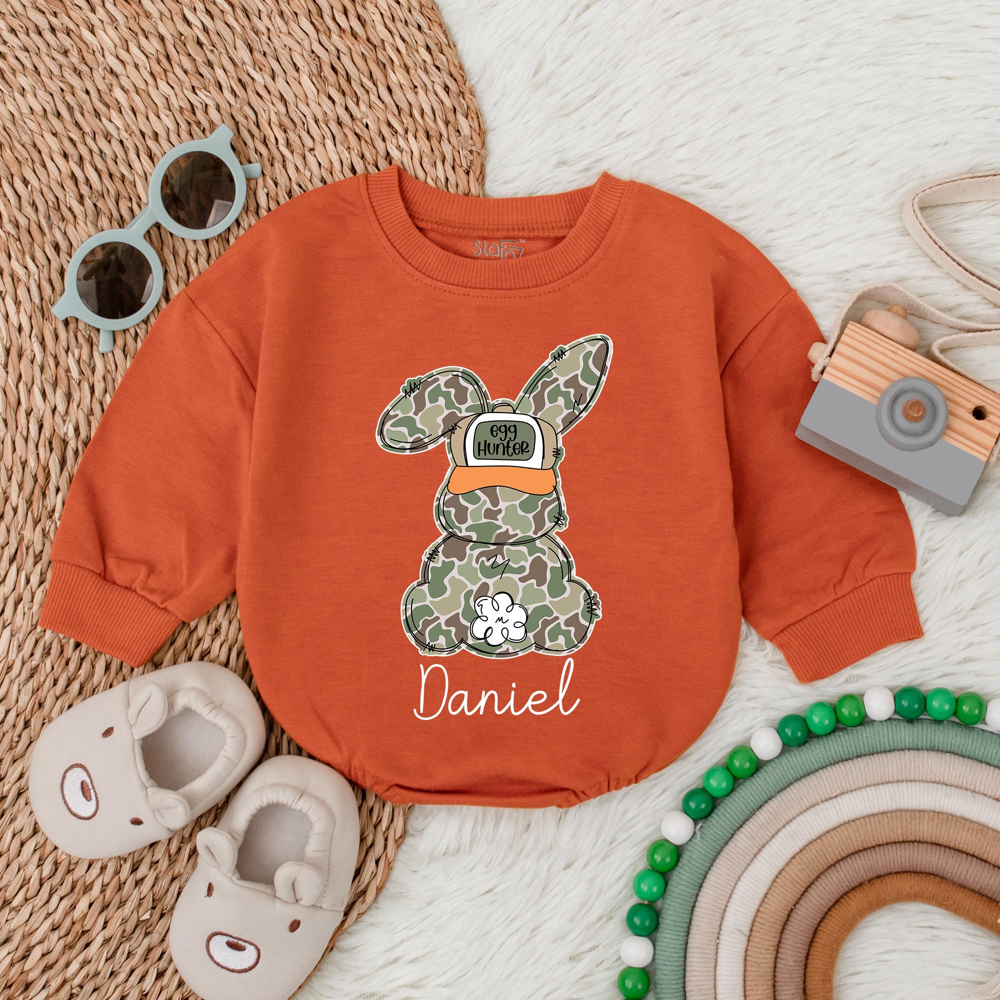 Custom Camo Bunny Baby Romper with Backwards Hat Fun Personalized Infant Bodysuit Easter Boy Outfit Soft Cotton Gift for Baby Shower