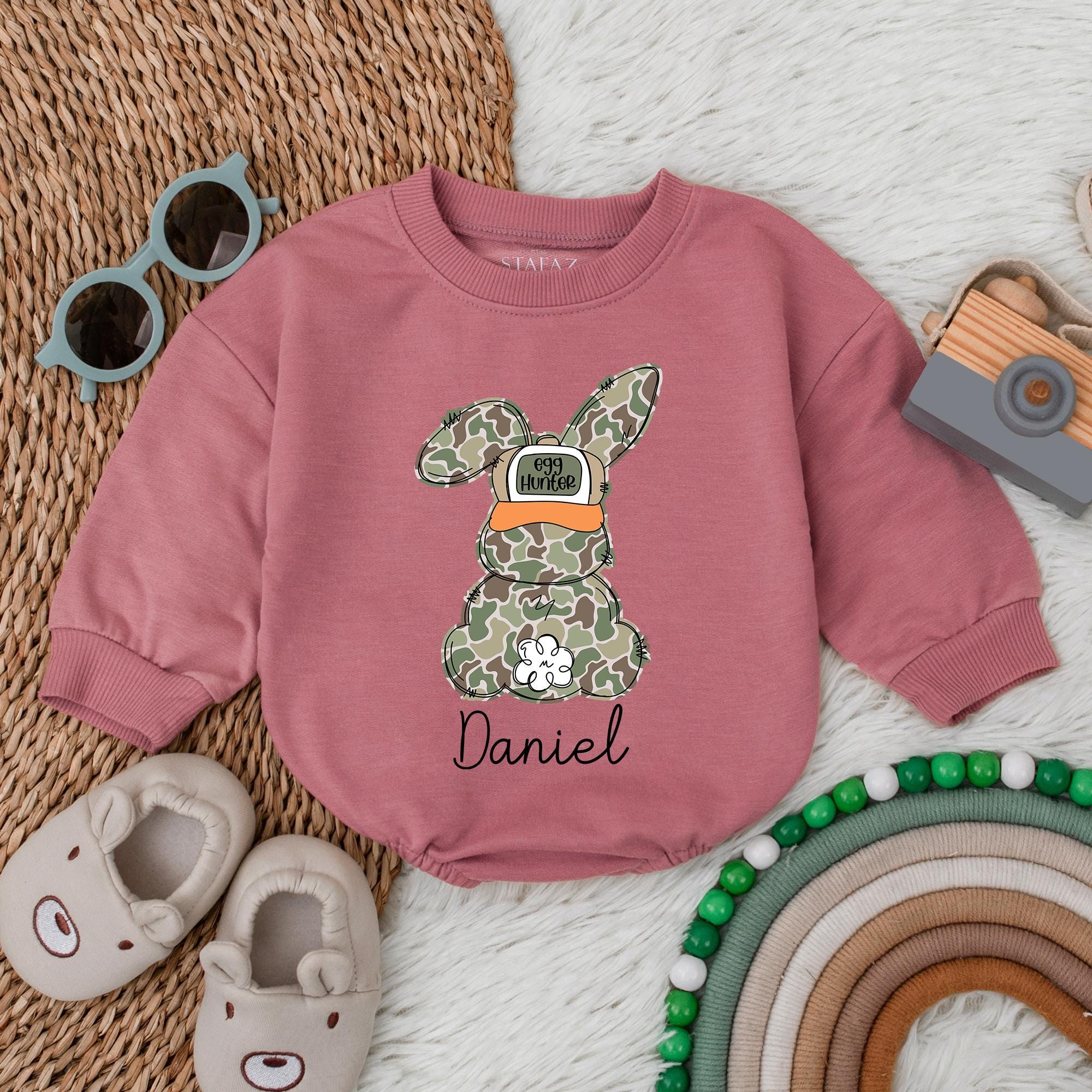 Custom Camo Bunny Baby Romper with Backwards Hat Fun Personalized Infant Bodysuit Easter Boy Outfit Soft Cotton Gift for Baby Shower