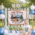 Custom Camp Theme Silk Banner for Baby's First Birthday Party, Personalized Name & Date Decoration, One Happy Camper Celebration
