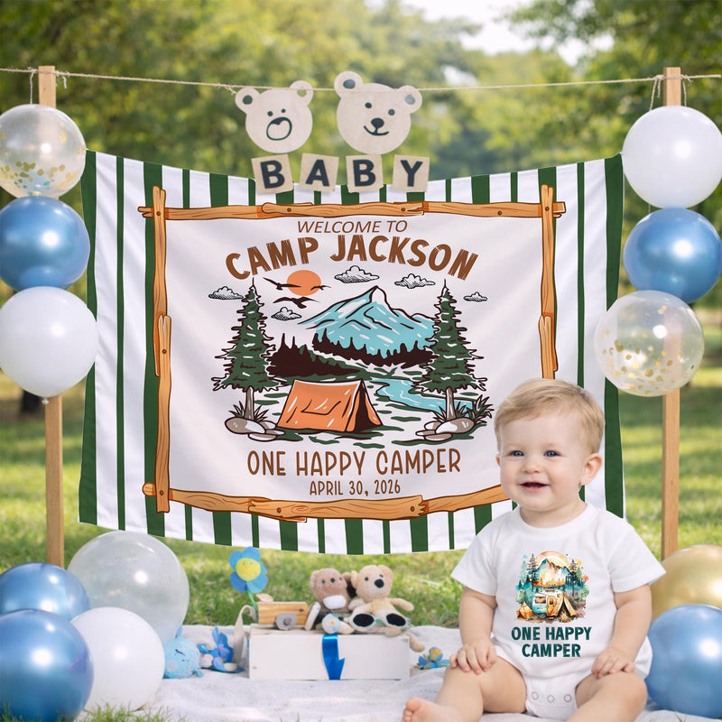 Custom Camp Theme Silk Banner for Baby's First Birthday Party, Personalized Name & Date Decoration, One Happy Camper Celebration