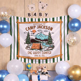 Custom Camp Theme Silk Banner for Baby's First Birthday Party, Personalized Name & Date Decoration, One Happy Camper Celebration