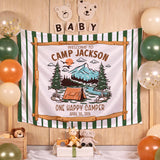 Custom Camp Theme Silk Banner for Baby's First Birthday Party, Personalized Name & Date Decoration, One Happy Camper Celebration