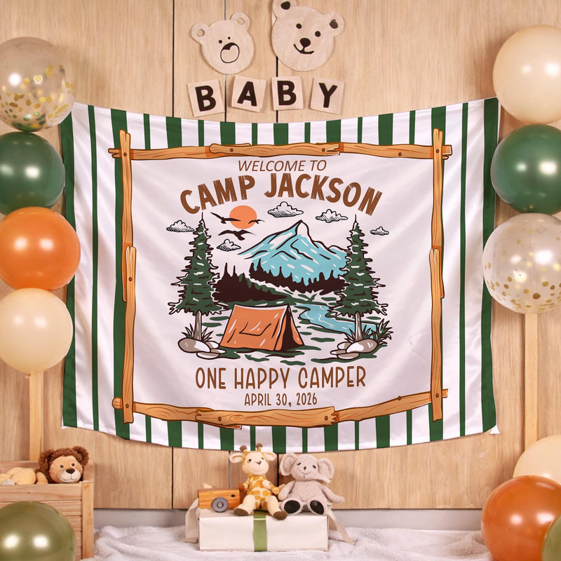 Custom Camp Theme Silk Banner for Baby's First Birthday Party, Personalized Name & Date Decoration, One Happy Camper Celebration