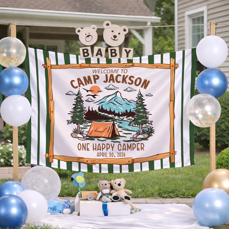 Custom Camp Theme Silk Banner for Baby's First Birthday Party, Personalized Name & Date Decoration, One Happy Camper Celebration
