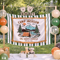 Custom Camp Theme Silk Banner for Baby's First Birthday Party, Personalized Name & Date Decoration, One Happy Camper Celebration