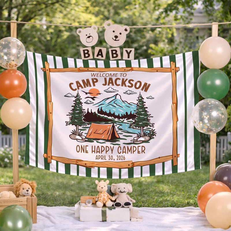 Custom Camp Theme Silk Banner for Baby's First Birthday Party, Personalized Name & Date Decoration, One Happy Camper Celebration