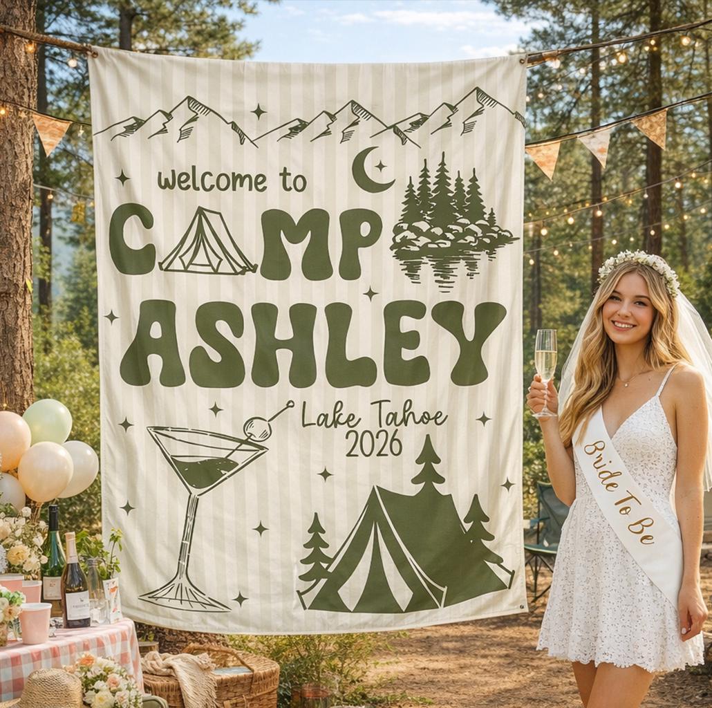 Custom Camping Bachelorette Silk Banner with Olive Green Graphics Cream Striped Backdrop Glamping Party Wall Hanging Outdoor Decor
