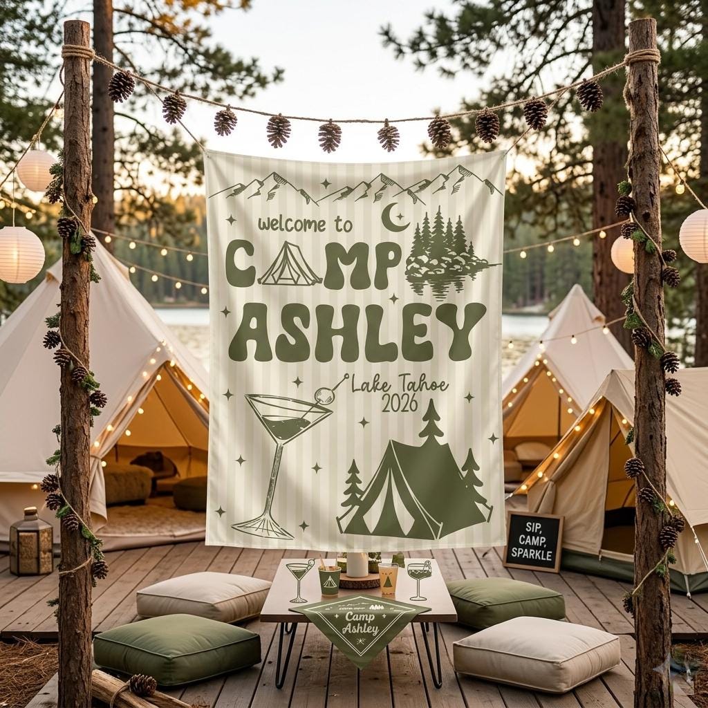 Custom Camping Bachelorette Silk Banner with Olive Green Graphics Cream Striped Backdrop Glamping Party Wall Hanging Outdoor Decor