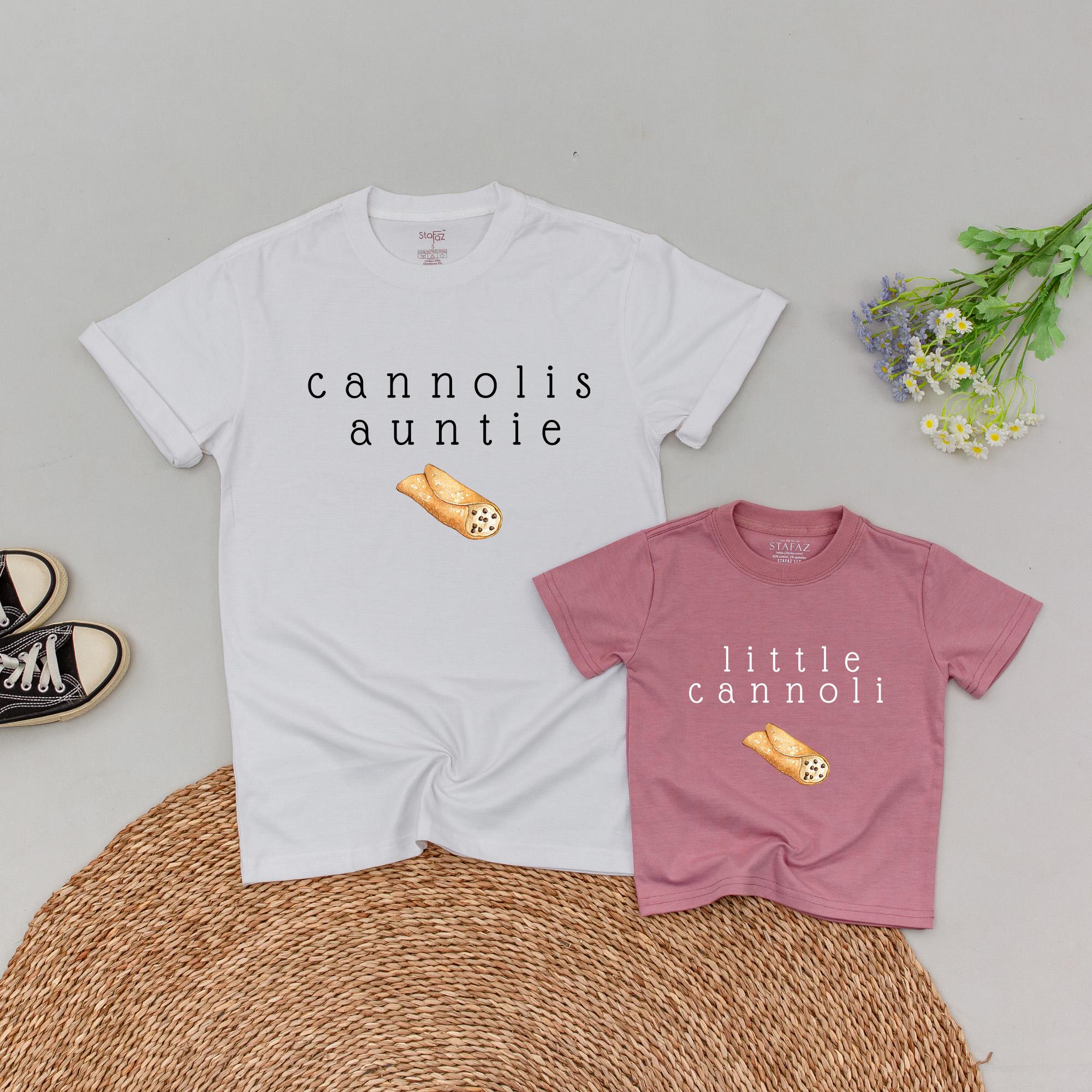 Custom Cannoli Auntie Shirt and Little Cannoli Romper Italian Foodie Baby Clothes Gift Personalized Design Warm Tones Cotton Outfit
