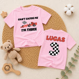 Custom Can't Catch Me I'm Three Race Car Birthday Shirt for Toddler Boys, Checkered Number Tee, Soft Cotton Kids' Outfit for Parties