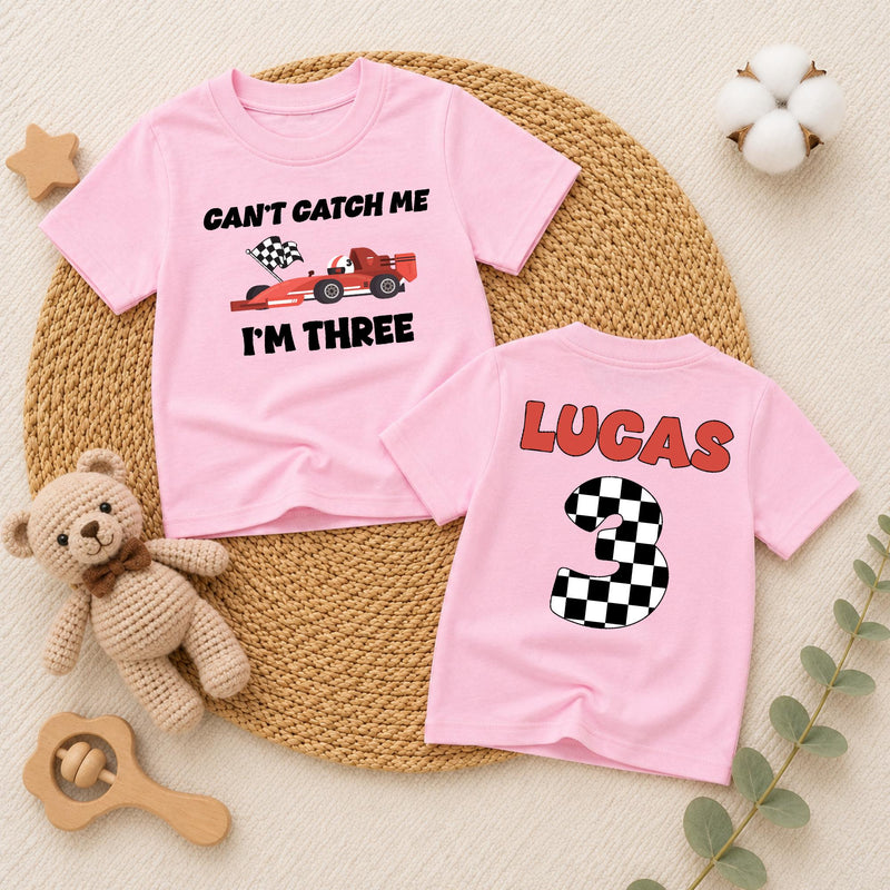 Custom Can't Catch Me I'm Three Race Car Birthday Shirt for Toddler Boys, Checkered Number Tee, Soft Cotton Kids' Outfit for Parties