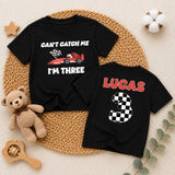 Custom Can't Catch Me I'm Three Race Car Birthday Shirt for Toddler Boys, Checkered Number Tee, Soft Cotton Kids' Outfit for Parties