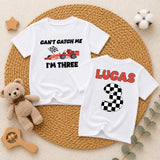 Custom Can't Catch Me I'm Three Race Car Birthday Shirt for Toddler Boys, Checkered Number Tee, Soft Cotton Kids' Outfit for Parties