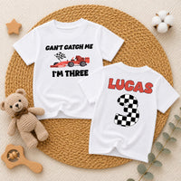 Custom Can't Catch Me I'm Three Race Car Birthday Shirt for Toddler Boys, Checkered Number Tee, Soft Cotton Kids' Outfit for Parties