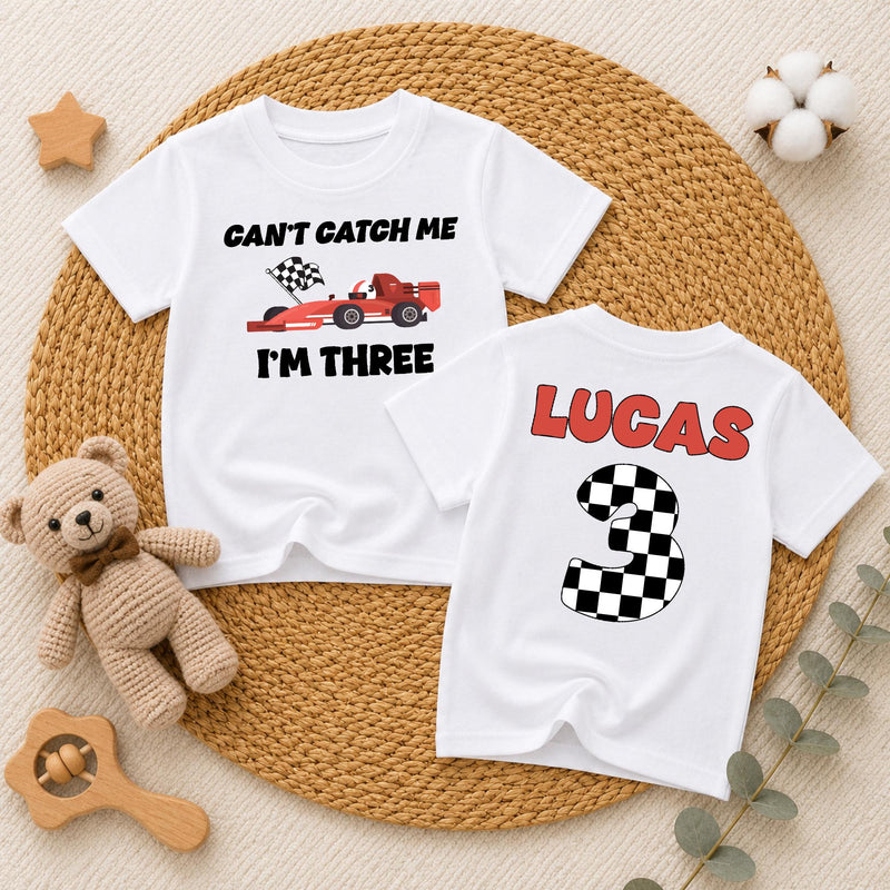 Custom Can't Catch Me I'm Three Race Car Birthday Shirt for Toddler Boys, Checkered Number Tee, Soft Cotton Kids' Outfit for Parties