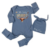 Custom Cattle Checking Buddy Baby Boy Outfit with Cowhide Design, Long Sleeve Bodysuit & Matching Hat, Soft Cotton, Perfect Baby Gift