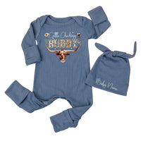 Custom Cattle Checking Buddy Baby Boy Outfit with Cowhide Design, Long Sleeve Bodysuit & Matching Hat, Soft Cotton, Perfect Baby Gift