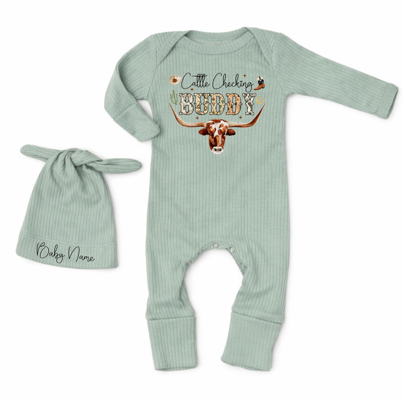 Custom Cattle Checking Buddy Baby Boy Outfit with Cowhide Design, Long Sleeve Bodysuit & Matching Hat, Soft Cotton, Perfect Baby Gift