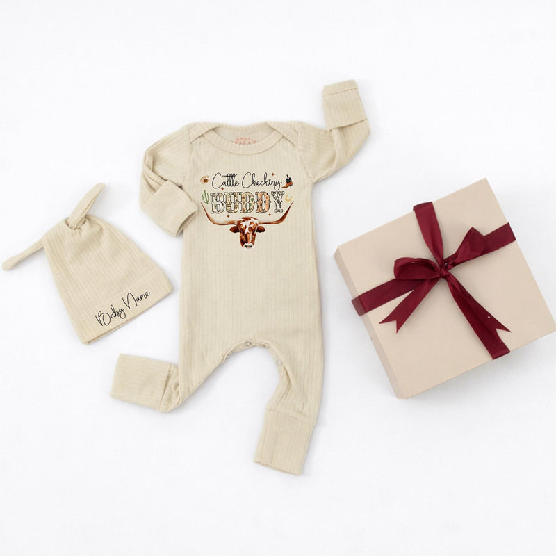 Custom Cattle Checking Buddy Baby Boy Outfit with Cowhide Design, Long Sleeve Bodysuit & Matching Hat, Soft Cotton, Perfect Baby Gift