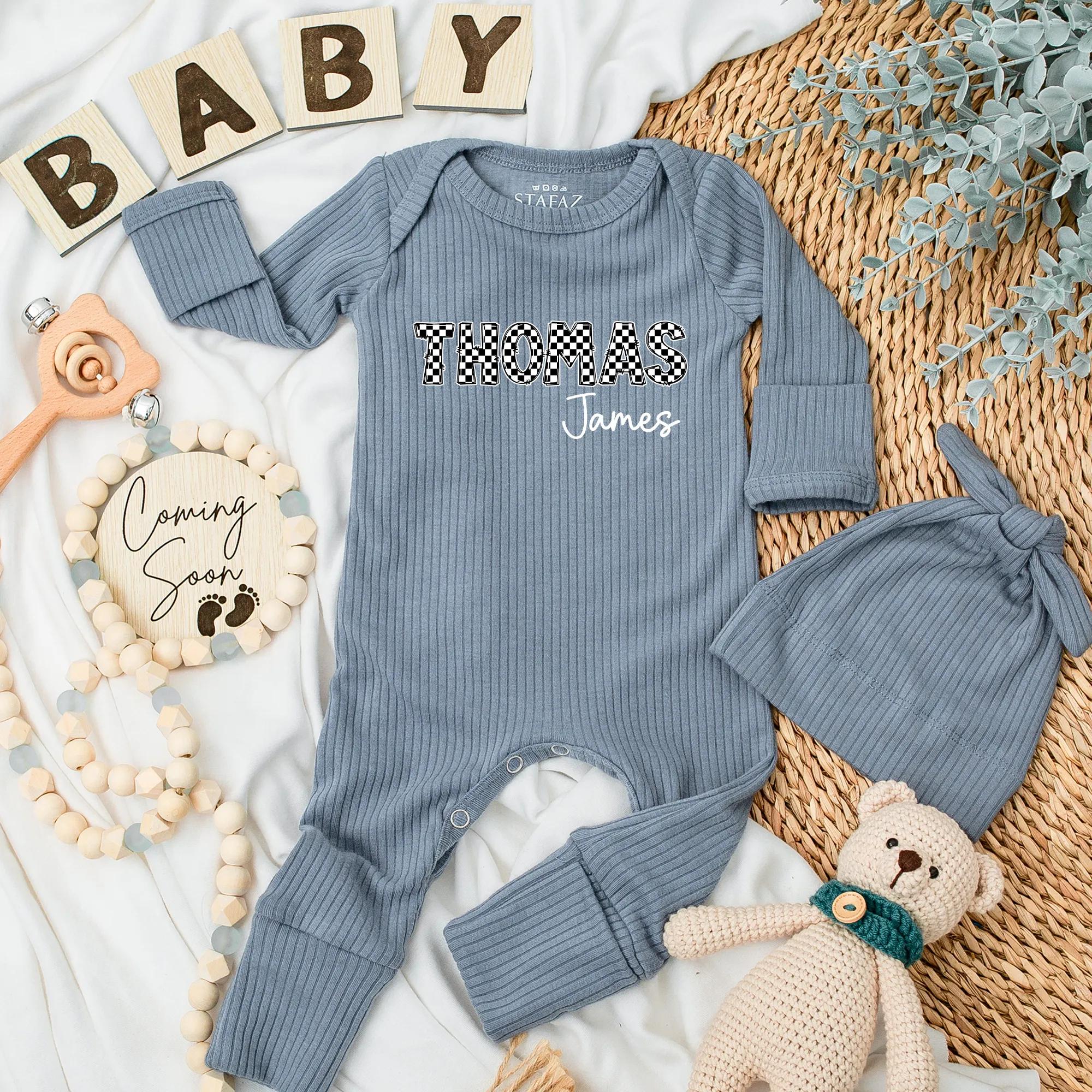 Custom Checkered Name Baby Bodysuit Thomas James Black White Monochrome Infant Gift Soft Cotton Outfit Perfect for Baby Shower