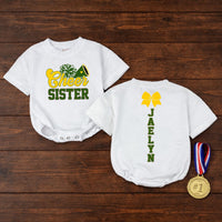 Custom Cheer Sister Romper for Babies & Toddlers, Personalized Game Day Outfit with Pom-Pom & Megaphone Artwork, Soft Cotton, Perfect Gift