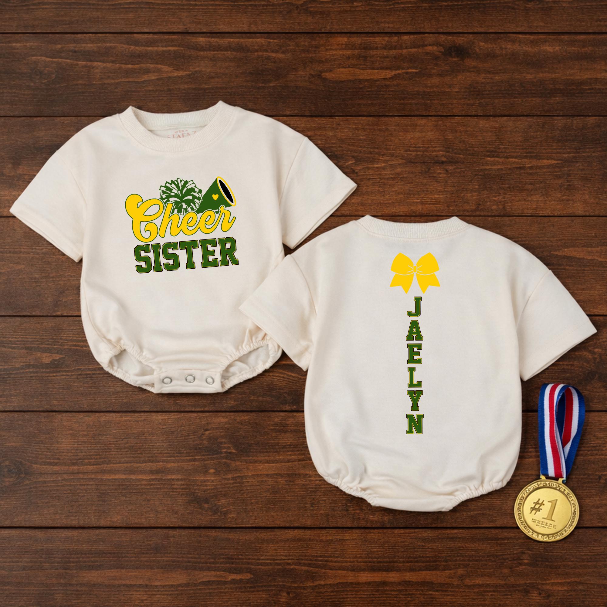 Custom Cheer Sister Romper for Babies & Toddlers, Personalized Game Day Outfit with Pom-Pom & Megaphone Artwork, Soft Cotton, Perfect Gift