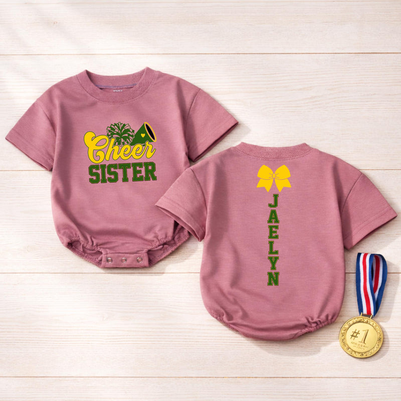 Custom Cheer Sister Romper for Babies & Toddlers, Personalized Game Day Outfit with Pom-Pom & Megaphone Artwork, Soft Cotton, Perfect Gift