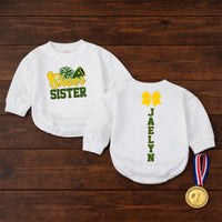 Custom Cheer Sister Romper for Babies & Toddlers, Personalized Game Day Outfit with Pom-Pom & Megaphone Artwork, Soft Cotton, Perfect Gift